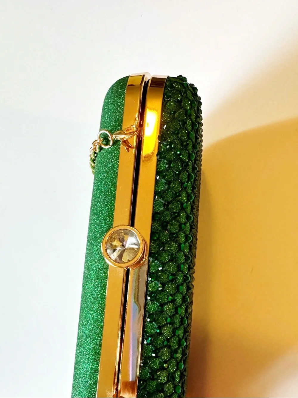 Green Crystal Evening Clutch with Gold Chain Strap